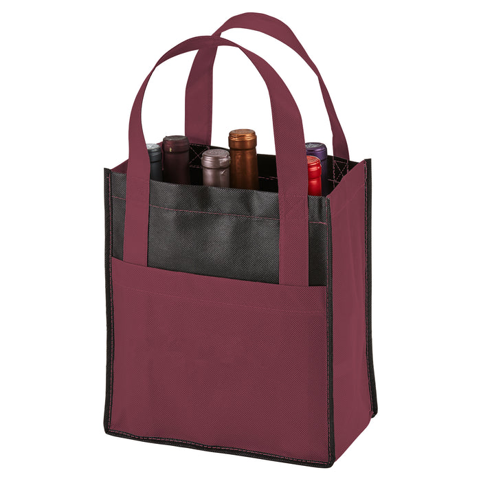 Six Bottle Non-Woven Wine Tote - Two tone w/outside pockets